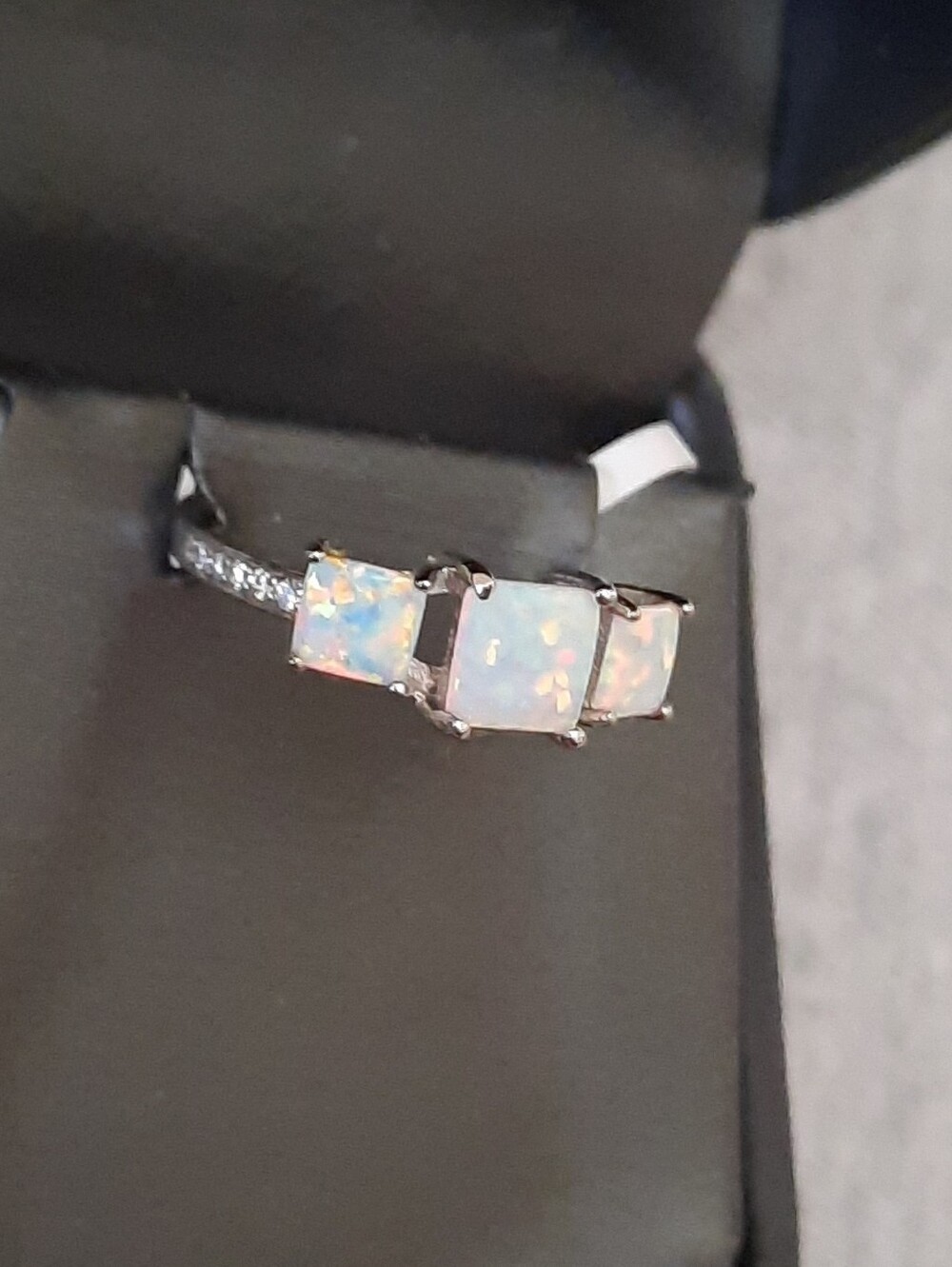 Sterling Silver Triple Opal Square Ring - White Opal
